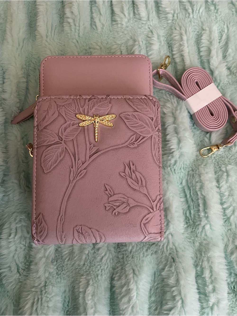 Lavender Floral-Embossed Crossbody with Gold Dragonfly vegan leather